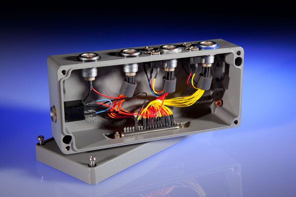 Electromechanical box build assembly with panel connectors and an internal wiring harness in a machined enclosure