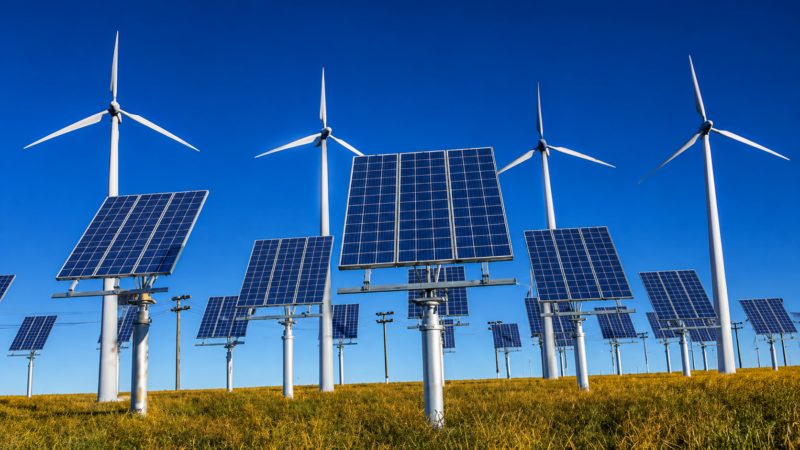 Wind turbines and solar panels generating renewable energy under a clear blue sky.