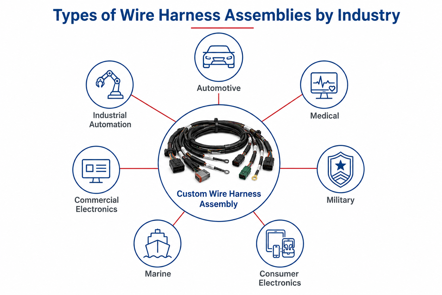 Custom wire harness assembly serving automotive, medical, military, marine, industrial, and electronics industries