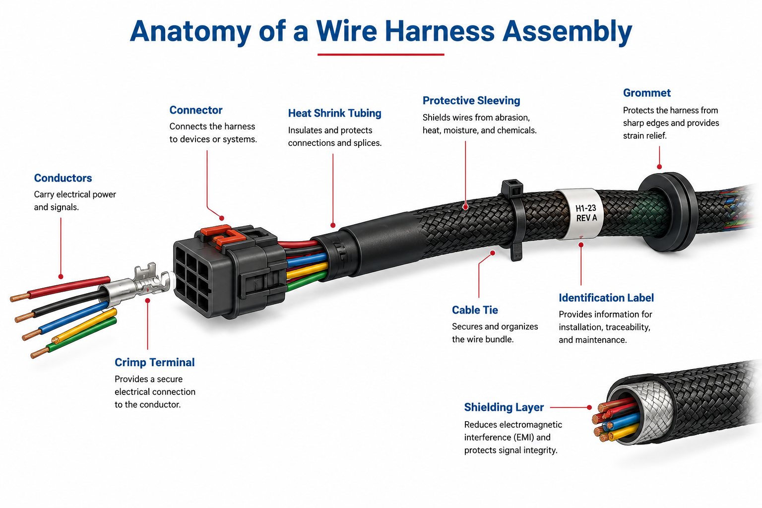 Wire harness assembly diagram showing crimp terminal, cable tie, ID label, and shielding layer