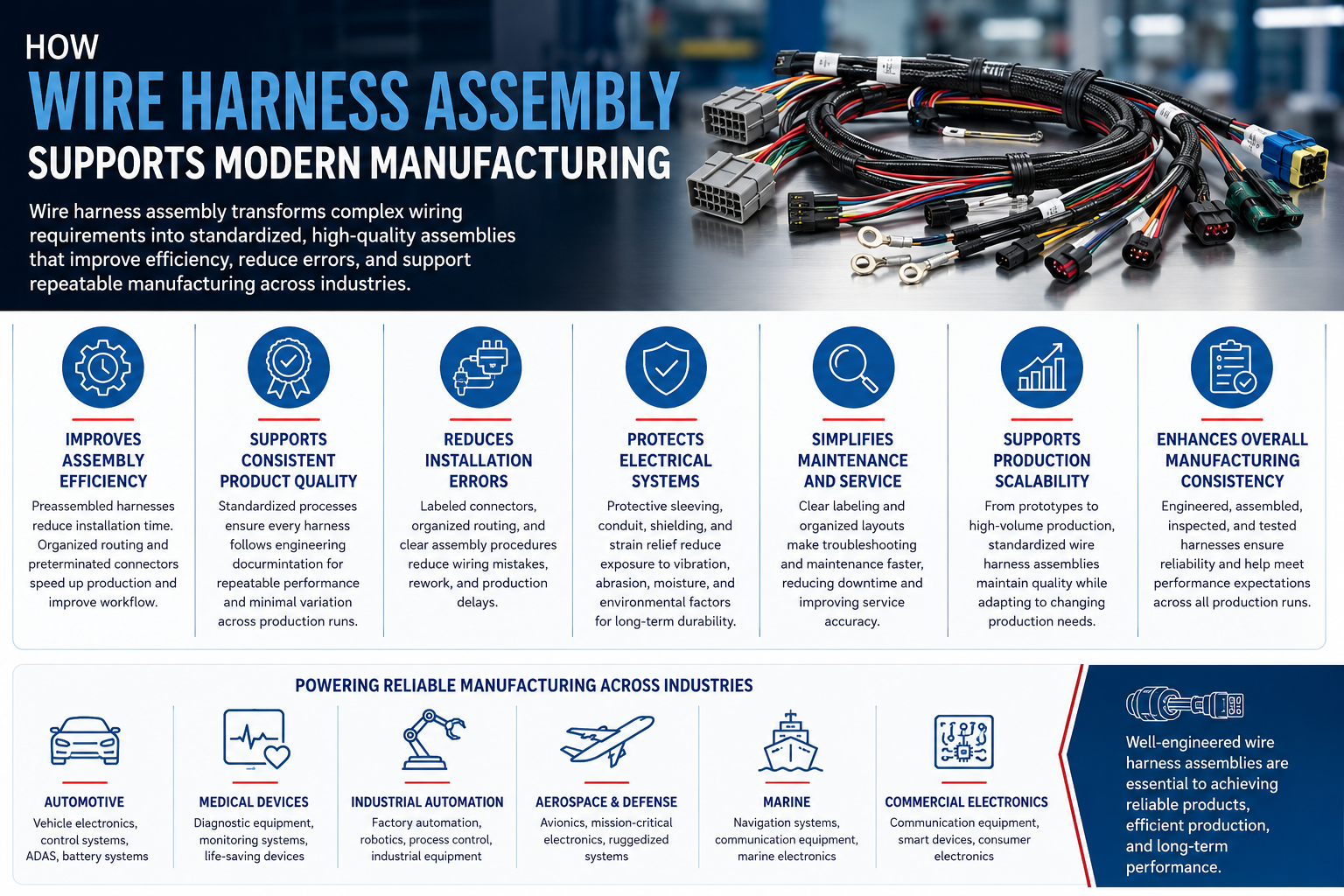 Wire harness assembly infographic showing assembled harnesses and seven benefits for efficient, consistent manufacturing