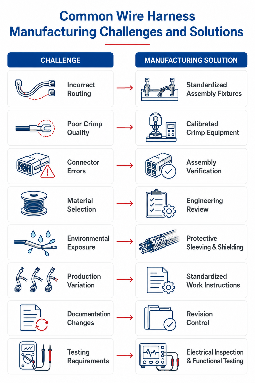 Infographic showing wire harness manufacturing challenges with solutions, including routing, crimping, testing, and QC